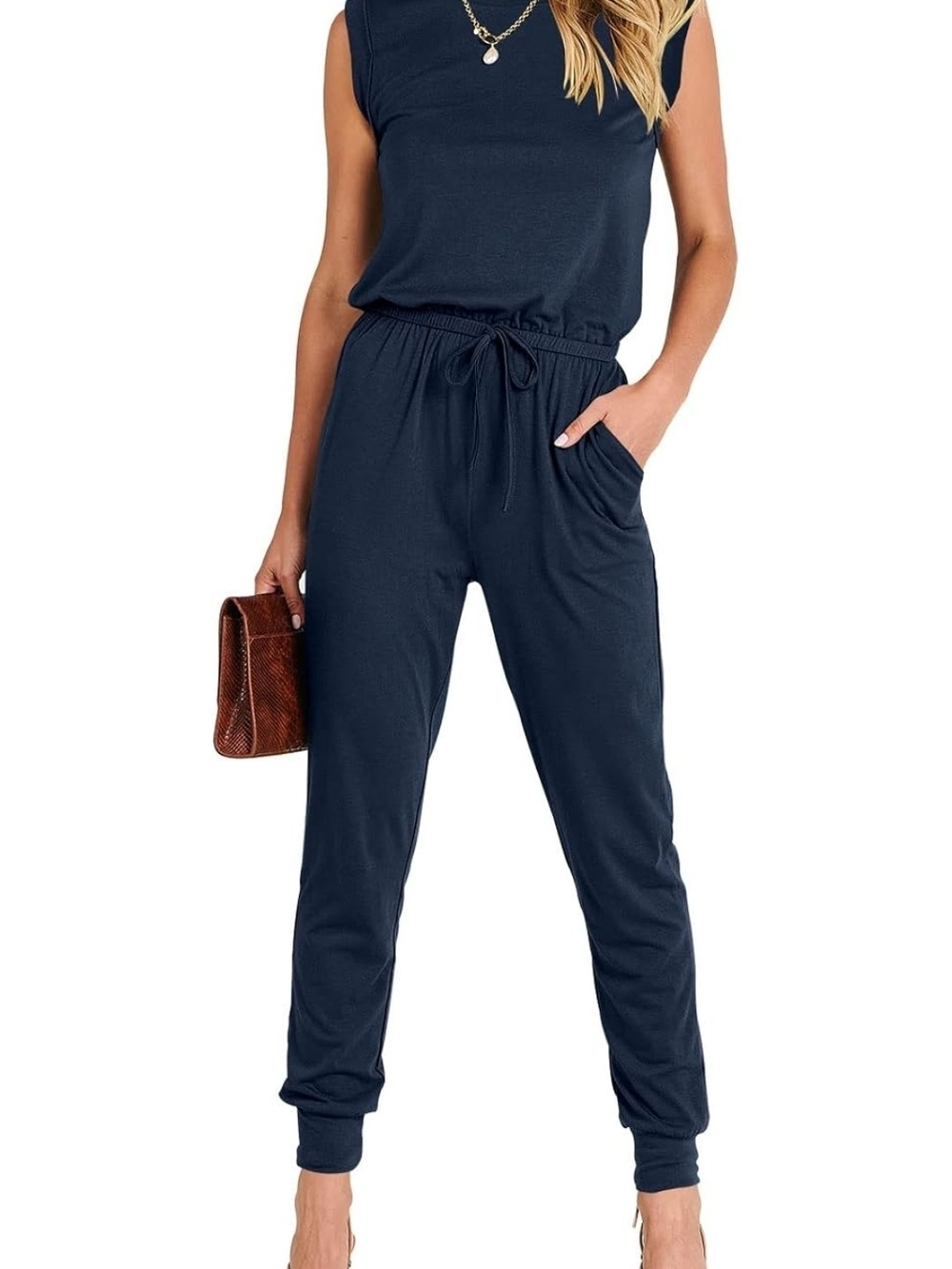 Sleeveless Navy Jumpsuit with Drawstring Waist